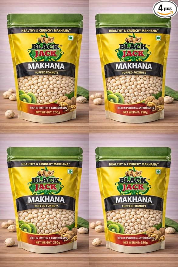 BlackJack Makhana, Puffed Foxnuts,1 Kg, Gluten-Free, Healthy Snack, Vegan, Keto-Friendly, Prasadam Makhana,Fit for Fasting,Medium Small Size Mix, Pack of 4 x 250g