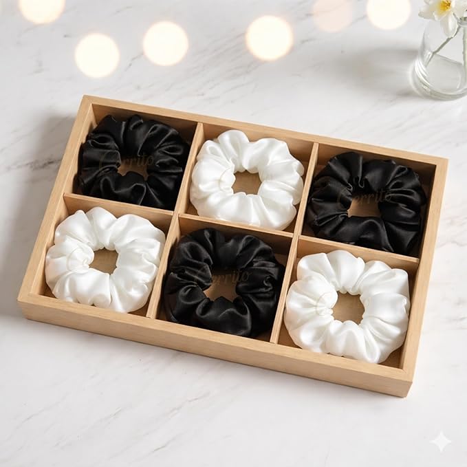Cerrito Satin Hair Scrunchies for Women & Girls – Soft, No-Crease, Gentle Hair Ties for Thick, Curly, Straight, or Fine Hair – Smooth Silk-Feel Elastic Scrunchy Set for Styling, Sleep Regular Wear (Black & White-6 Pcs)