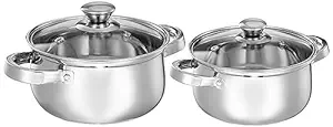 Amazon Brand - Solimo Set of 2 Stainless Steel Cook and Serve Set | Glass Lid | Dishwasher-Safe, 2L 700 ml|Induction and Gas Stove Compatible