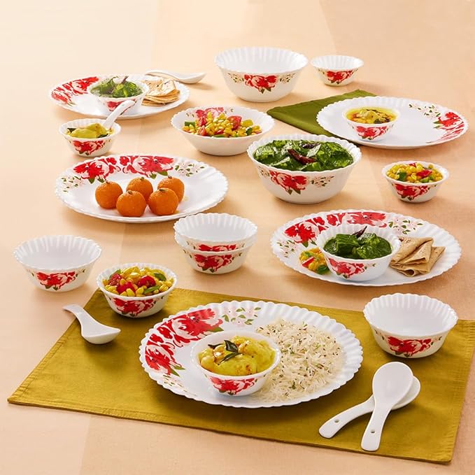 Larah by Borosil Rose Red Silk Series Opalware Dinner Set | 27 Pieces for Family of 6 | Microwave & Dishwasher Safe | Bone-Ash Free | Crockery Set for Dining & Gifting | Plates & Bowls | White