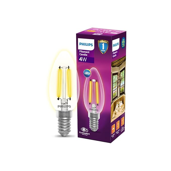 Philips 4-watt Filament Candle LED Bulb | Filament Candle Bulb Home & Decoration|Bulb Base: E14, Color: Warm White|Pack of 1