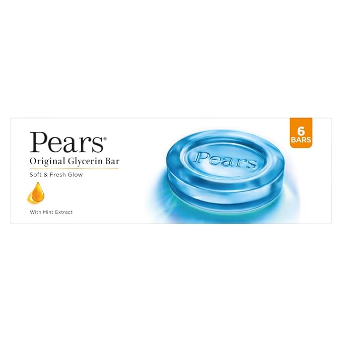 Pears Original Glycerin Soap Bar - Soft & Fresh Glow | With 98% Pure Glycerin & Mint Extract | For a Fresh Glow | With Plant Based Cleanser for Skin & Body | Paraben-free | 125 gms x 6