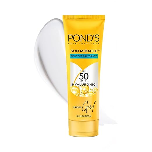 POND’S Sun Miracle SPF 50 PA+++ Crème Gel Sunscreen - Protect & Hydrate, With Hyaluronic Acid, Restores Skin Barrier, Lightweight, No White Cast 50g