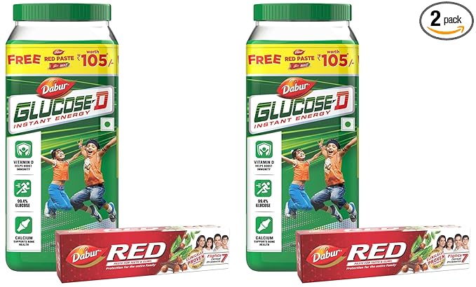 Dabur Glucose D Instant Energy Glucose Juicy & Tasty - 1 kg with Dabur Red Paste 200g free | Glucose Replenishes Energy | Instant Energy Recharge with 99.4% Glucose | Vitamin D helps Boosts Immunity | Calcium Supports Bone Health