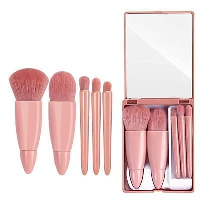 1 pcs 5 in 1 Mini Makeup Brush Kit with Mirror Compact Cosmetic Brush Set Travel Size Face Powder Blush Foundation Eyeshadow Brushes with Storage Case for Home and Travel(Multicolor)