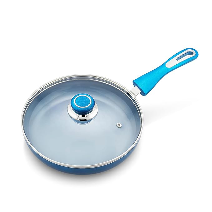 Amazon Brand - Solimo Blue Ceramic Non Stick Induction Fry Pan 24Cm with Glass Lid