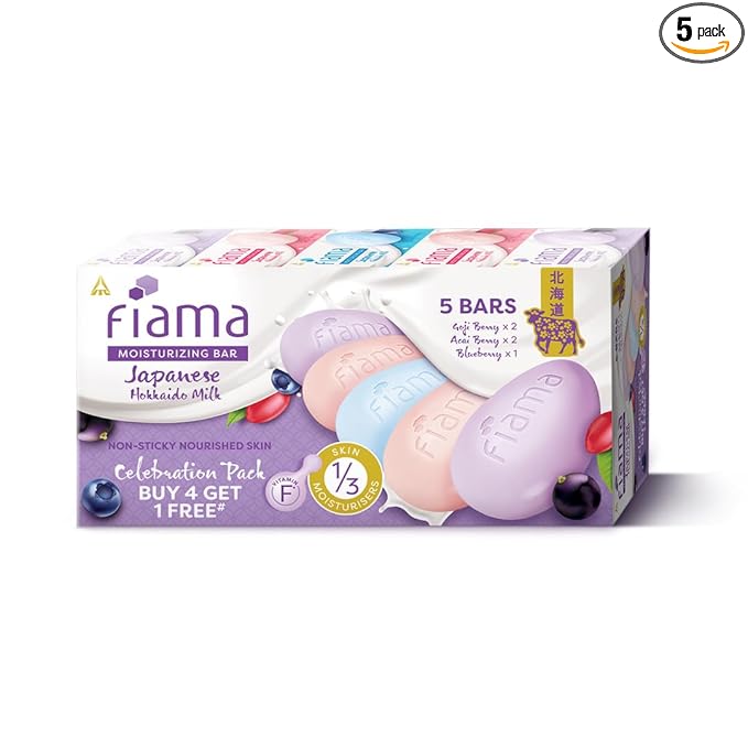 Fiama Skin Barrier Strengthening Moisturizing Soap Bar 125gx5, Japanese Hokkaido Milk Celebration Pack of 5 - Not-Sticky Soft Skin | 1/3rd Moisturizers | Blueberry, Goji Berry & Acai Berry Combo pack