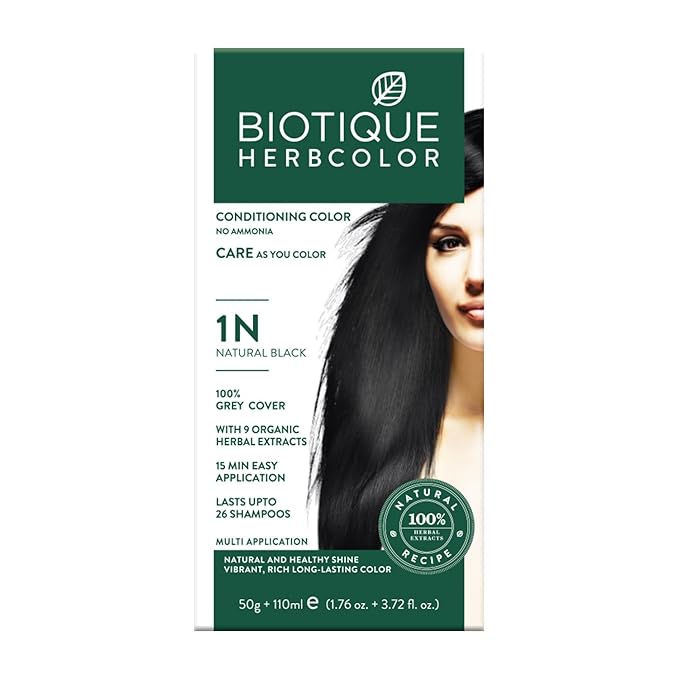 Biotique Herbcolor Conditioning Hair Colour l Ammonia Free Hair Color l 9 Organic Herbal Extracts l Natural and Healthy Shine l 50g + 110ml| Natural Black 1N (Pack of 1)
