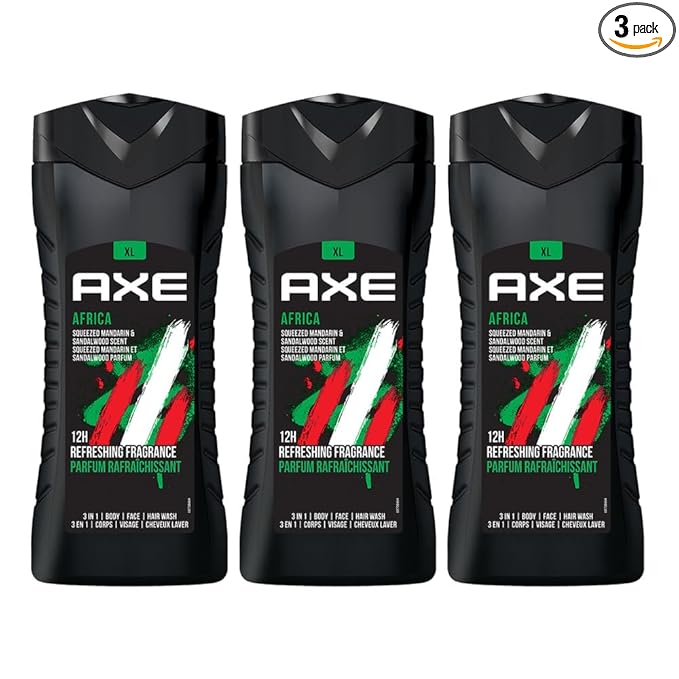 AXE Africa 3-in-1 Body, Face & Hair Wash | Vibrant Mandarin & Sandalwood Scent | 12H Refreshing Fragrance | Combo of 3| 400 ml Each