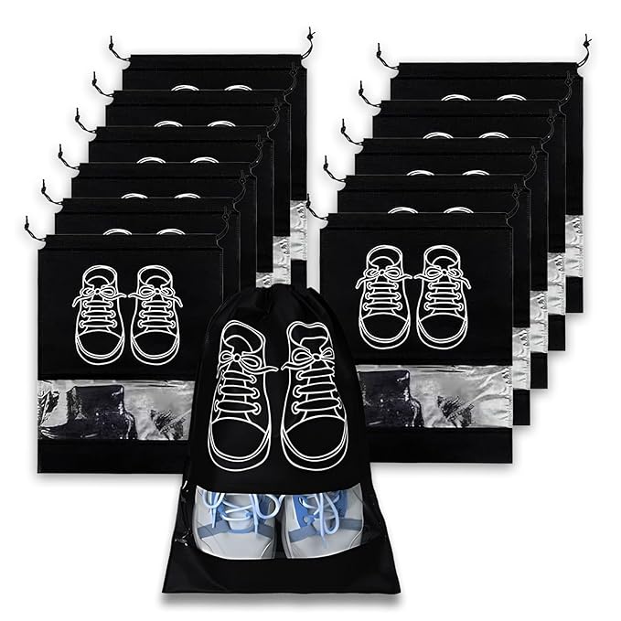 Shoe Bag for Travel & Storage|Water-Resistant Shoe Organizer for Men & Women|Foldable Shoe Cover for Luggage & Closet |Travel Accessories for Footwear Protection (Black, Pack of - 12)