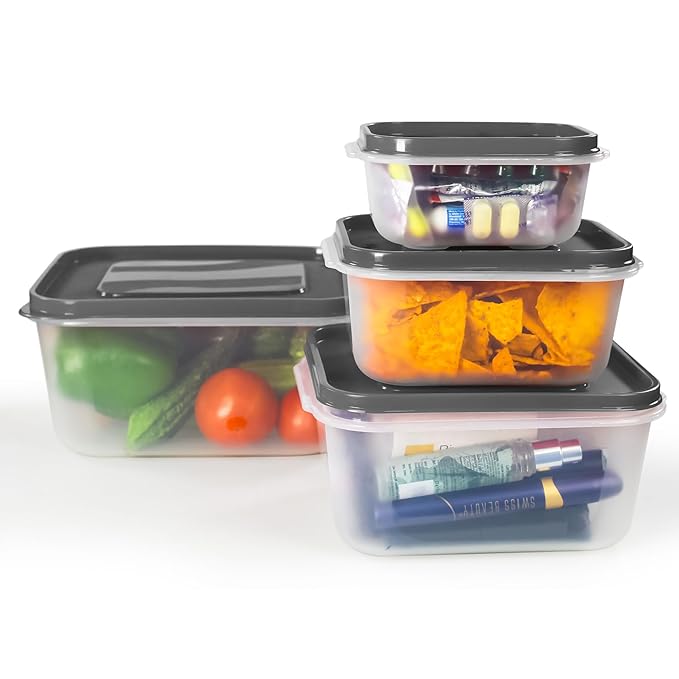PEARLPET PP Container Rectangular Plastic Food Storage Container with Air Tight Lid | Fridge & Freezer Dabba Containers, Fruit Box Set of 4, Black (700ml, 1400ml, 2400ml and 4000ml)
