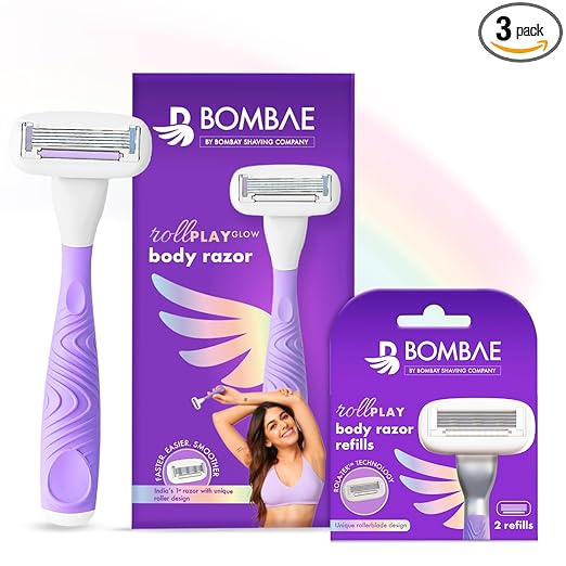 Bombae Rollplay Glow Body Razor for Women and Cartridges Pack of 2 | Hair Removal for Women | For Hands, Legs, Bikini and Underarms