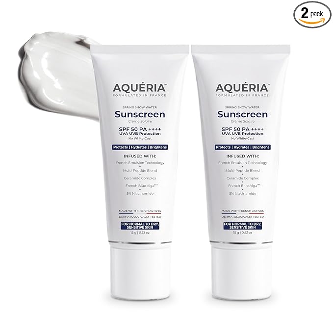 Aqueria Brightening & Moisturizing Multi-Active French Sunscreen SPF 50 PA++++ | In-Vivo/In-Vitro Tested | 5% Niacinamide, 5 Ceramides & Vitamin E | Modern UV Filters | Broad Spectrum UVA/UVB & Blue Light Protection | Lightweight, No White Cast, Sweat Resistant | Suitable for Daily Use | For Normal, Dry & Sensitive Skin | Pack of 2 (30g)