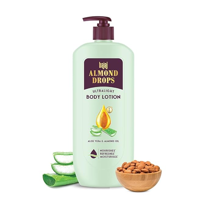 Bajaj Almond Drops Ultralight Body Lotion, 600 ml | Women and Men | Refreshing Hydration - Aloe Vera, Almond Oil & Vitamin E