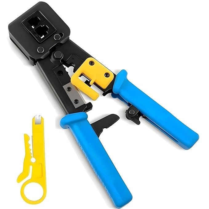 BUYFLUX Professional RJ45 Crimp Pass-Through Cat5 Cat5e Cat6 Heavy Duty Crimping Tool with Cable stripper, Blue Network Cable Cutting Stripping Crimper | Wire Stripper | Wire Cutter
