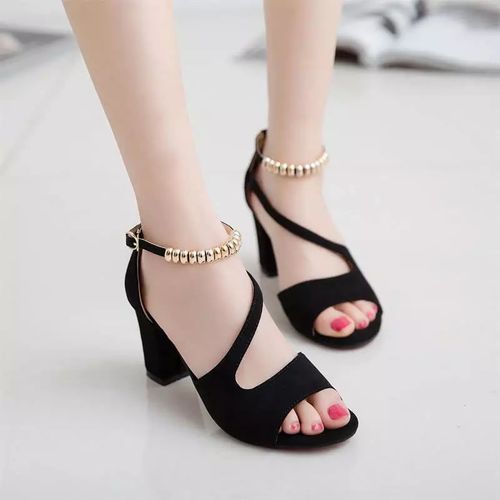 New Classic Women Mid Heel Buckle Sandals -Black