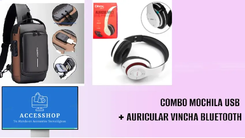 COMBO MOCHILA USB + AURICULAR VINCHA BLUETOOTH