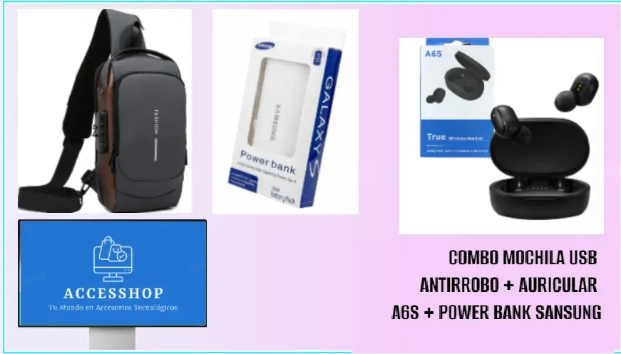 COMBO MOCHILA USB + AURICULAR A6S + POWER BANK SAMSUNG