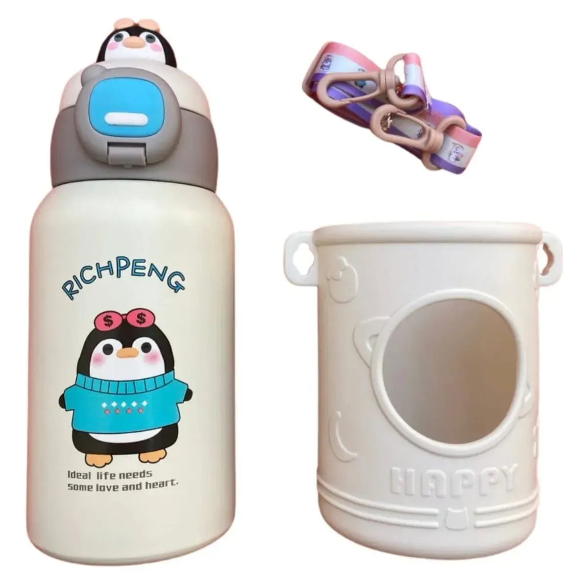 Termo Botella Infantil Con Doble Pico Termica Con Correa
