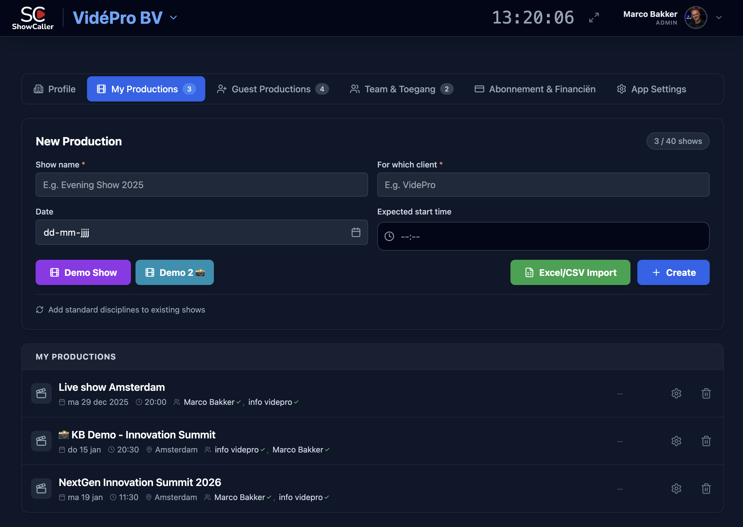 ShowCaller dashboard met producties