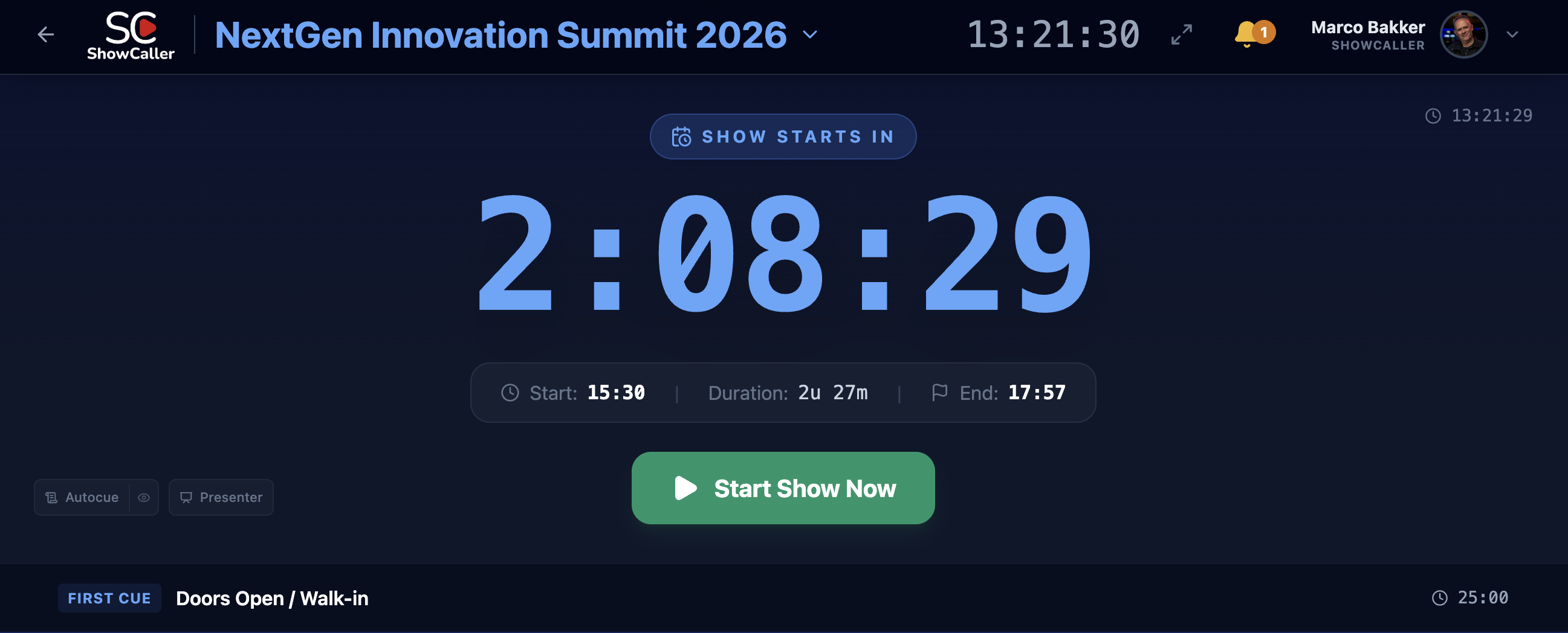 ShowCaller countdown timer tijdens een live show