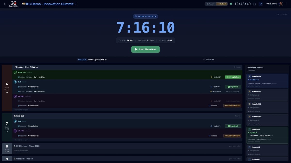 ShowCaller microfoon patch plan interface