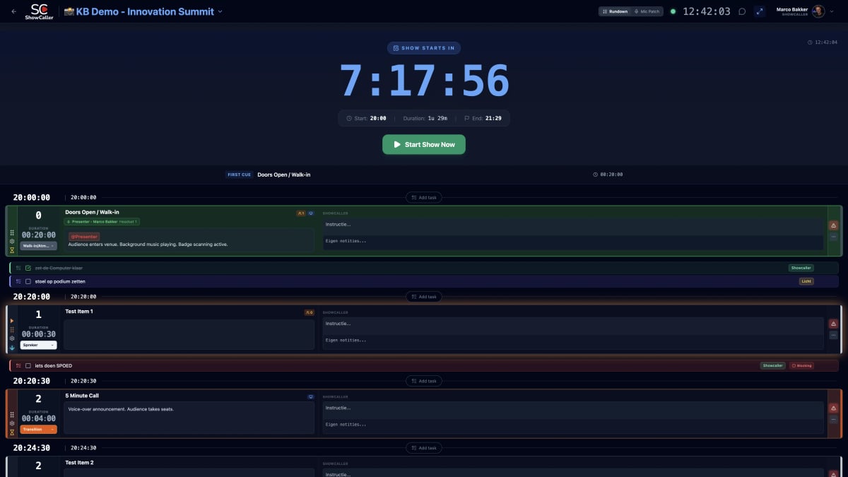 ShowCaller rundown interface met real-time cue tracking
