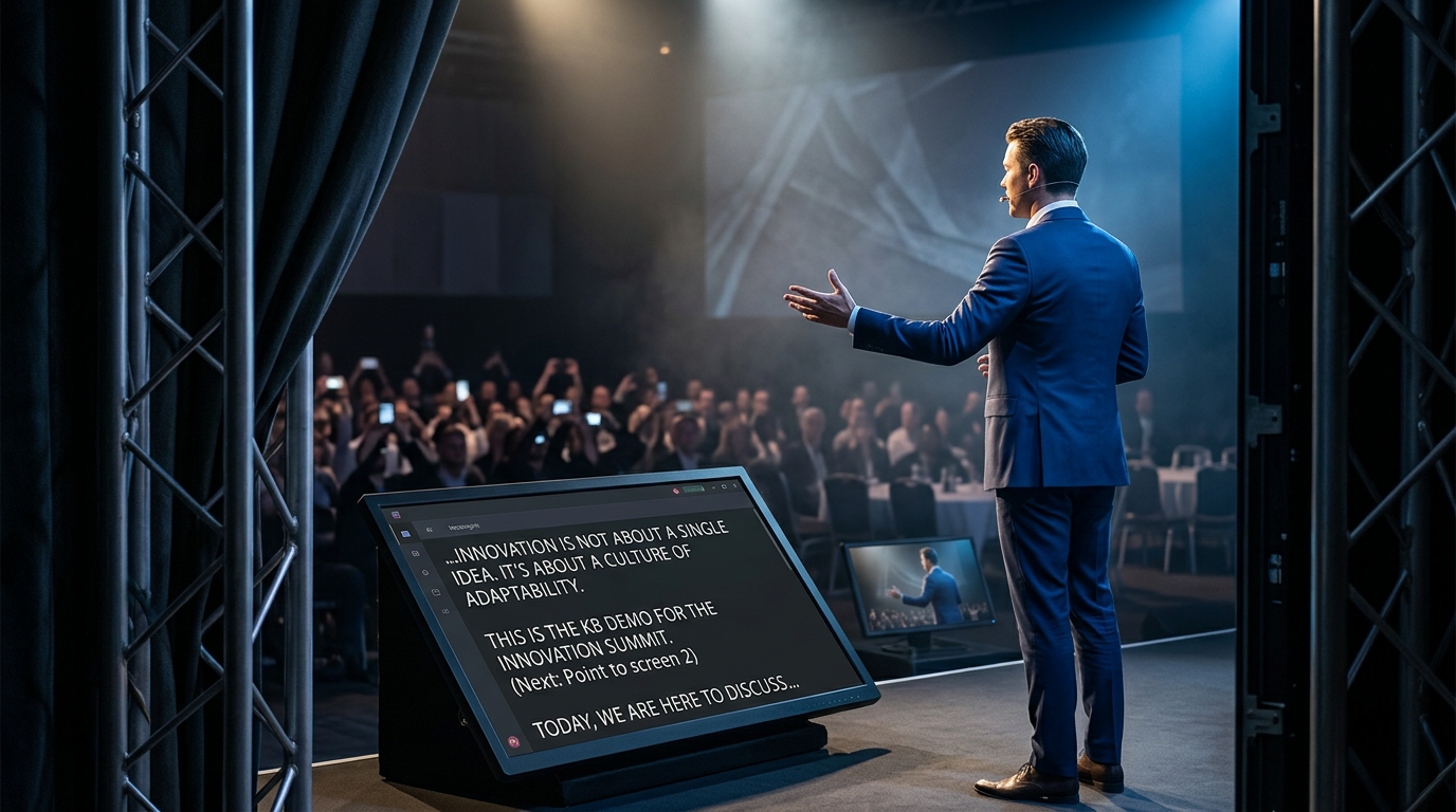 De presentator volgt de prompter