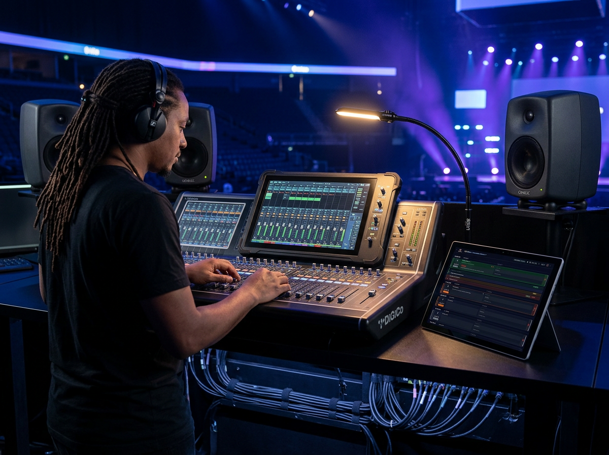 Geluidstechnicus beheert audio patches in ShowCaller