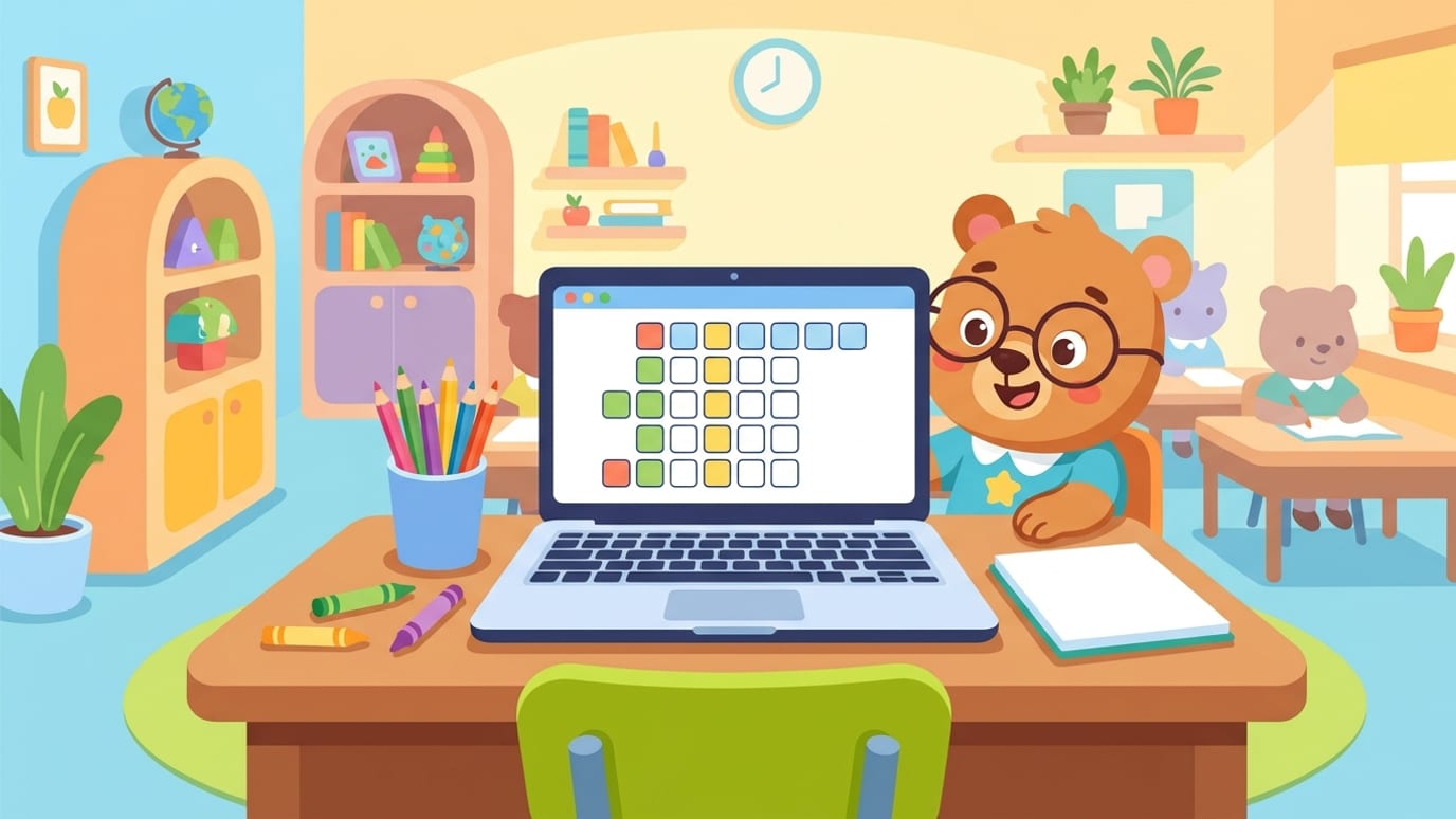A colourful illustration showing a close-up shot of a wooden desk with a laptop showing a colorful word grid puzzle, surrounded by colorful pencils and a blank notebook in a brightly lit classroom.