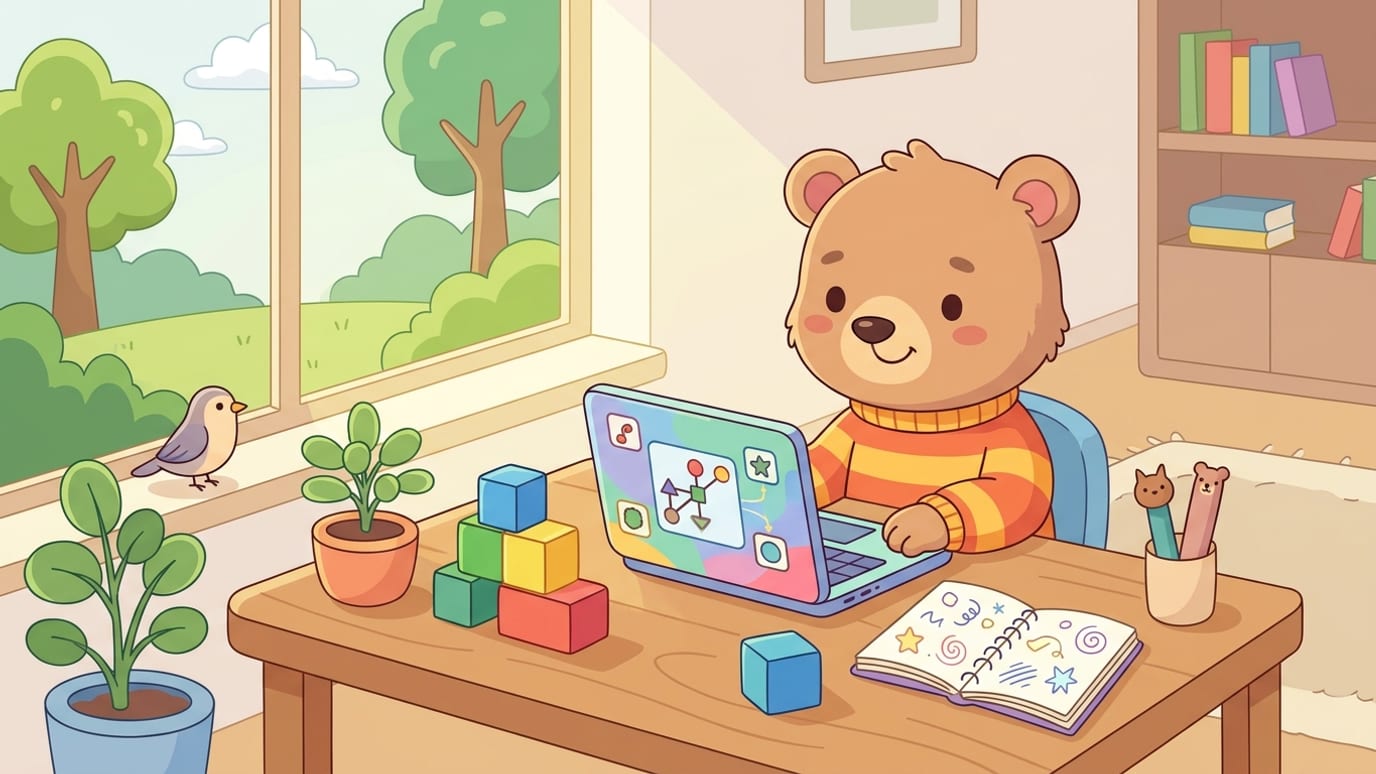 A colourful illustration showing a child sitting at a wooden table in a sunlit room, engrossed in playing a browser logic game on a laptop, with colorful building blocks and a notebook nearby.