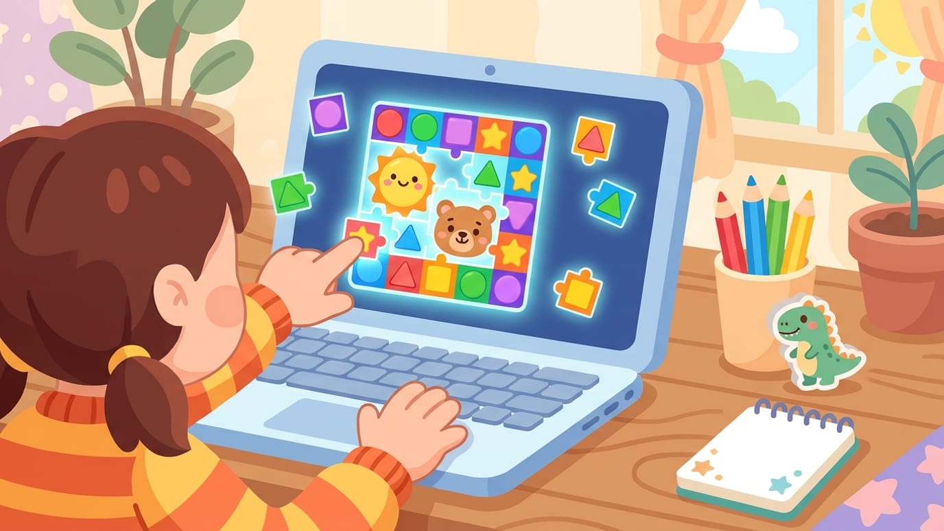 A colourful illustration showing a close-up of a child's hands interacting with a browser puzzle game on a laptop screen, sitting at a wooden desk with colored pencils nearby.