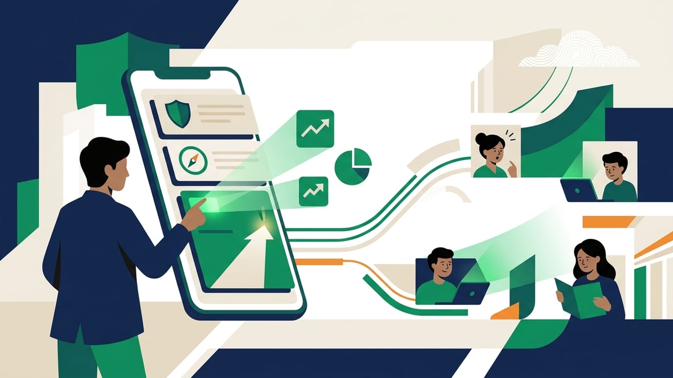 An editorial illustration showing new SEBI Rules For Investor Awareness Messages On Trading Apps.