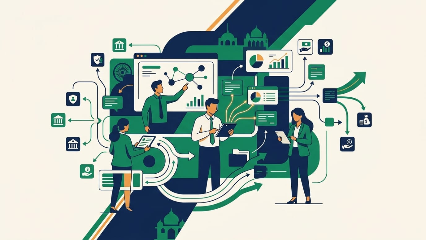 An editorial illustration showing new Updates to Account Aggregator Framework for Better Customer Convenience.
