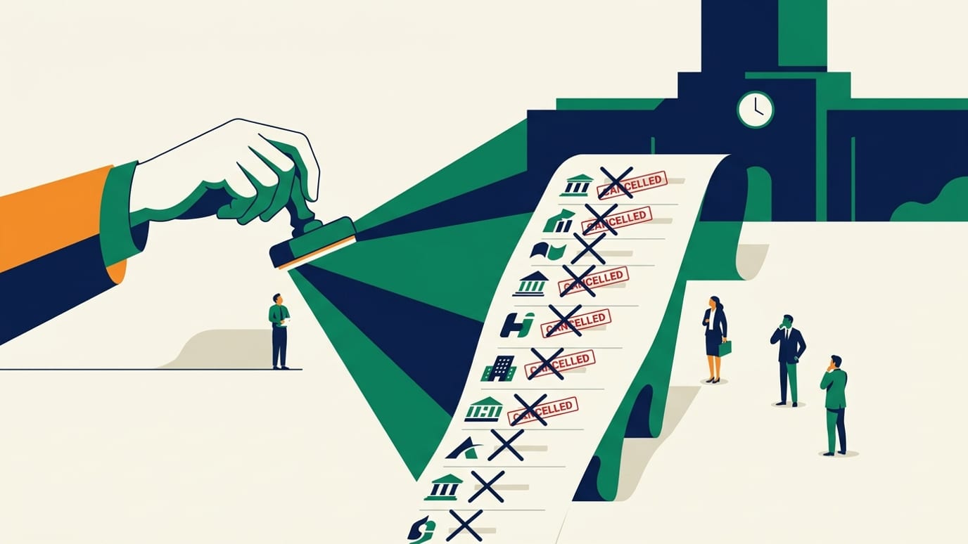 An editorial illustration showing rBI Cancels Registration of 13 Non-Banking Finance Companies.