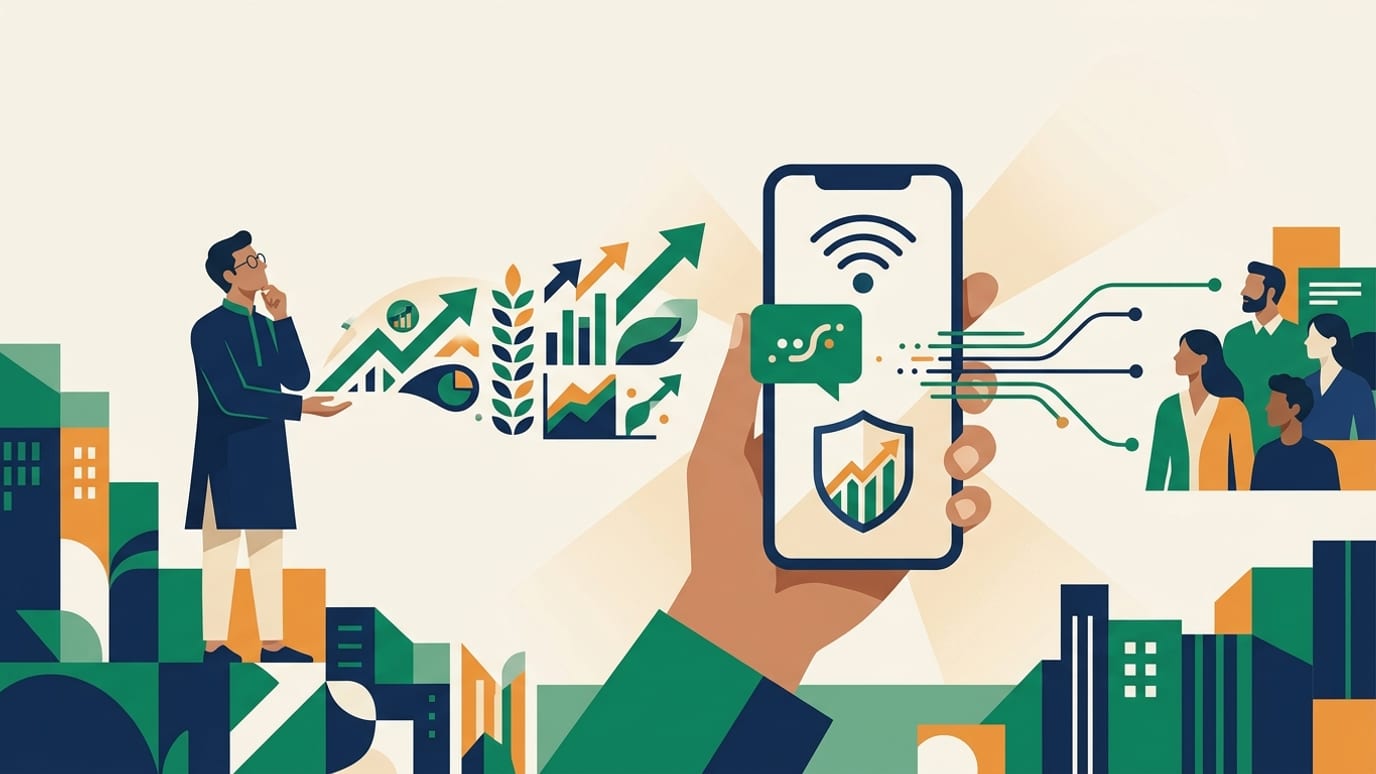 An editorial illustration showing sEBI Launches New Investor Awareness Campaign and Official WhatsApp Channel.