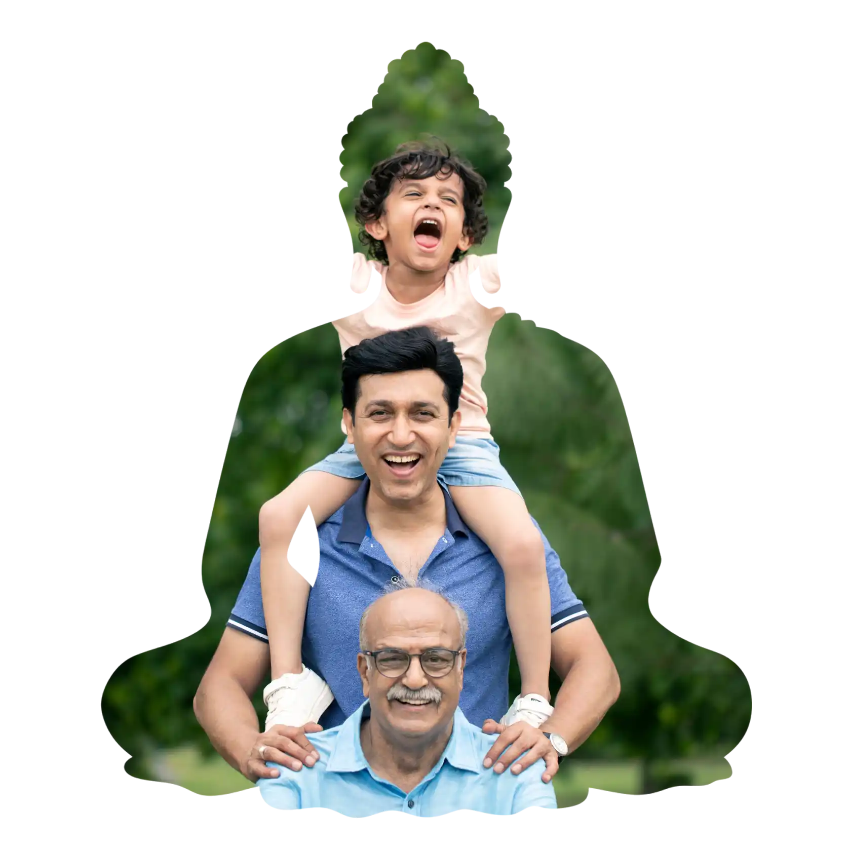 Three generational family framed within a meditative Buddha silhouette