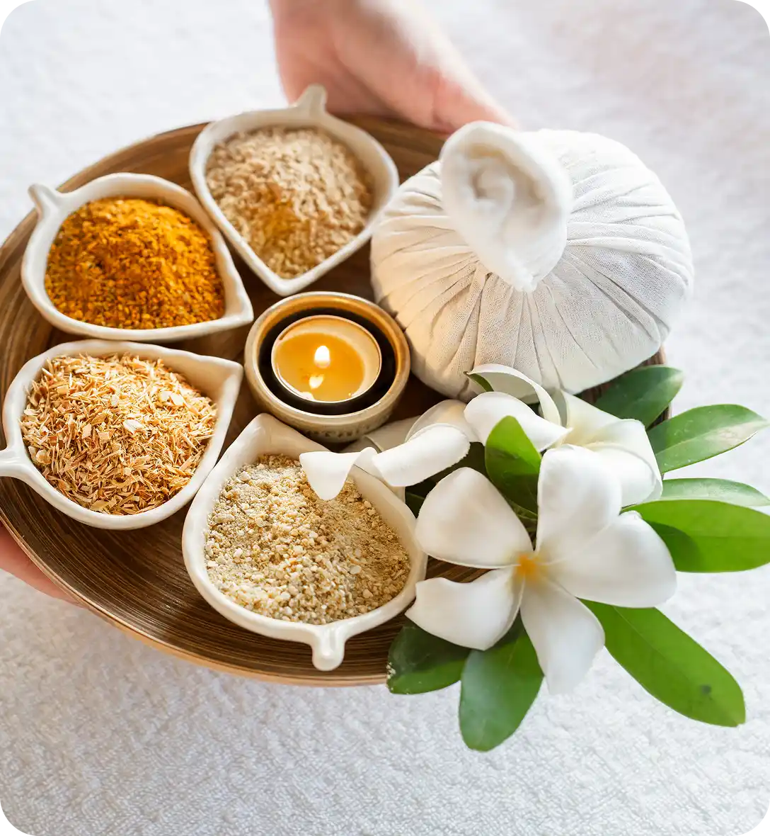 Ayurvedic herbal holistic selection bowl and white flowers setup matrix