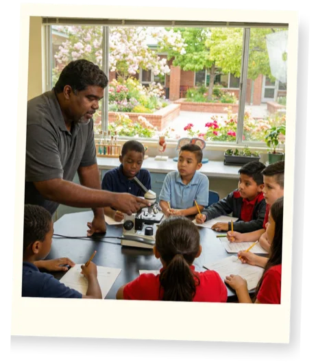 Alex Jones demonstrating a microscope to a group of elementary students in a science lab