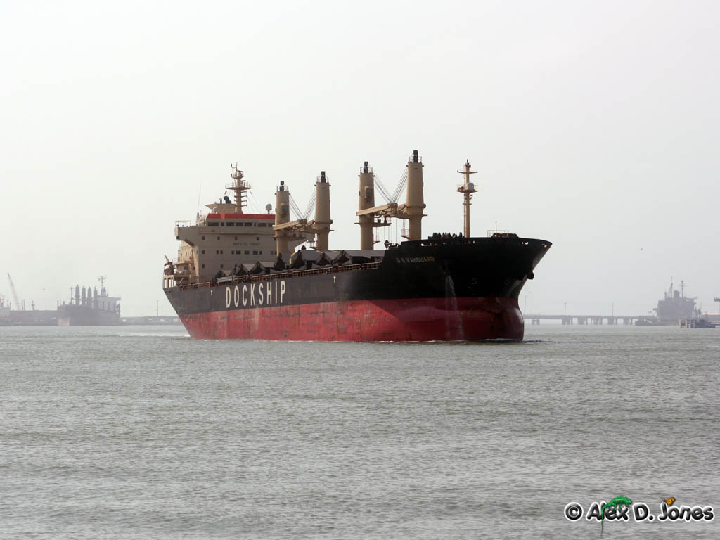 A large cargo ship with a red bottom and black top floats on water. The ship has tall poles called cranes that help load and unload heavy things.