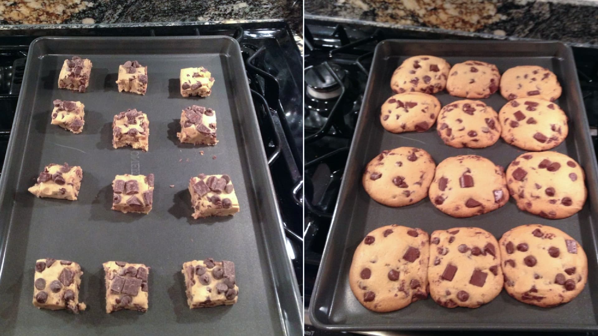 This image shows two baking trays with chocolate chip cookie dough before and after baking in an oven.