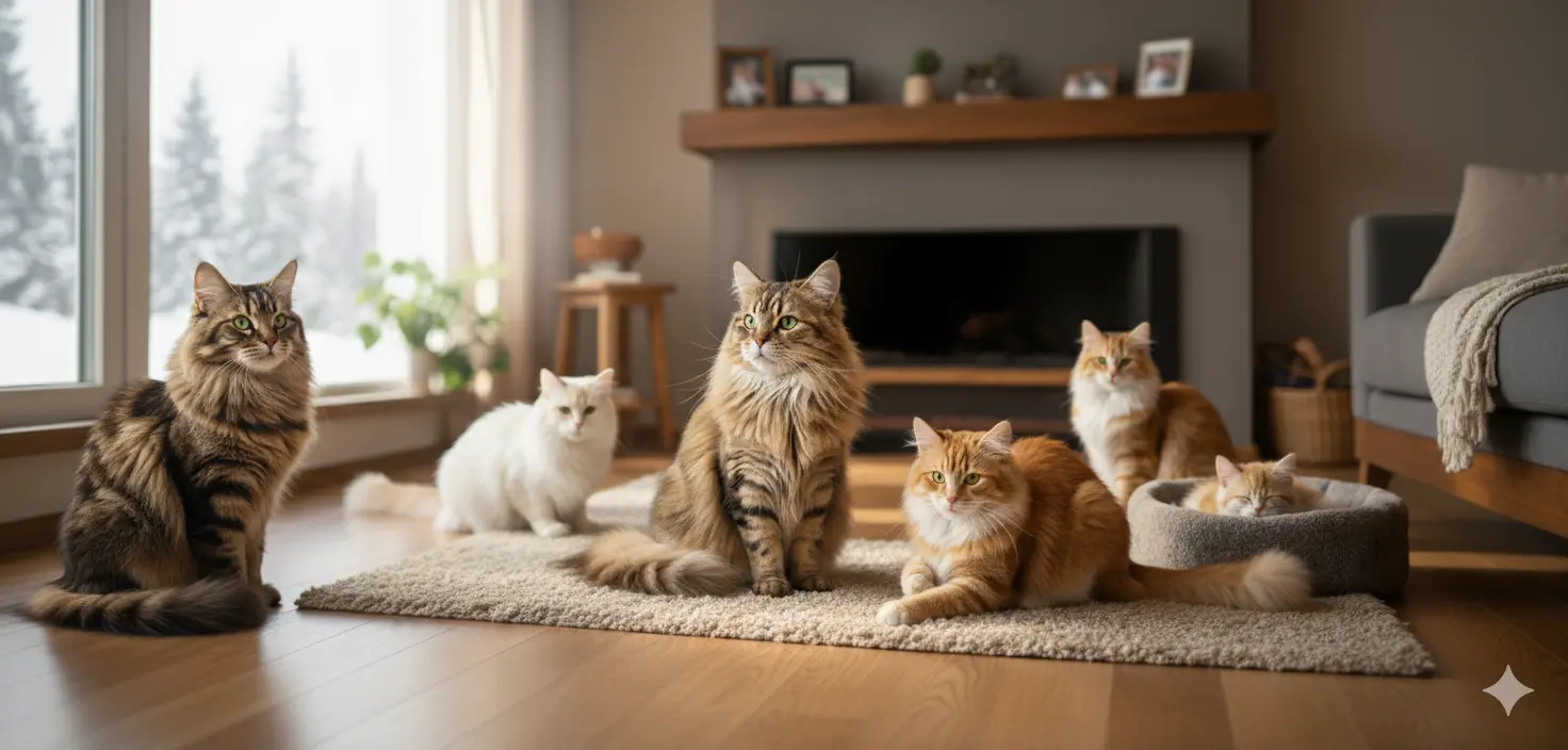 Gatos siberianos en un bosque frondoso
