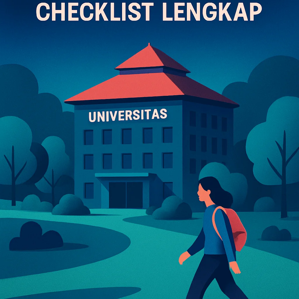 Gedung kampus universitas Indonesia dengan mahasiswa berjalan di halaman