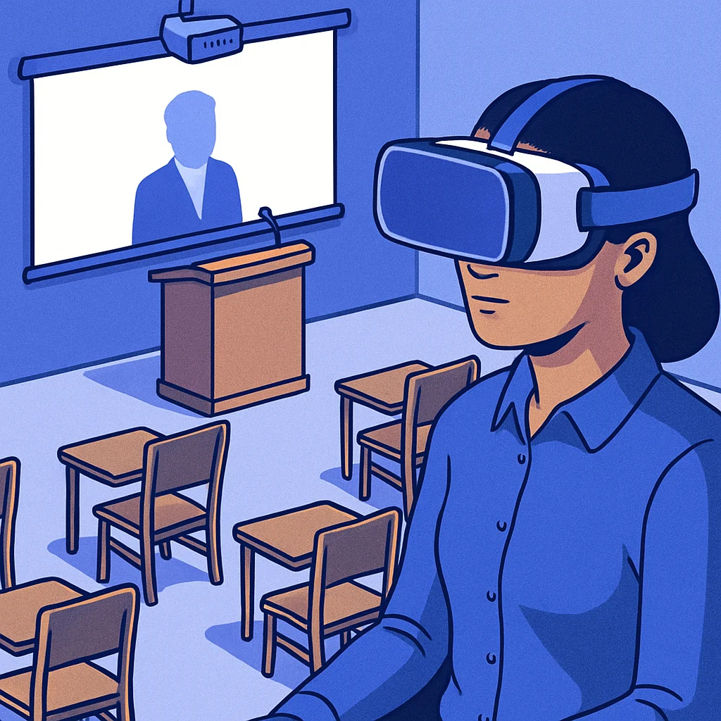 Mahasiswa menggunakan headset VR dalam simulasi sidang