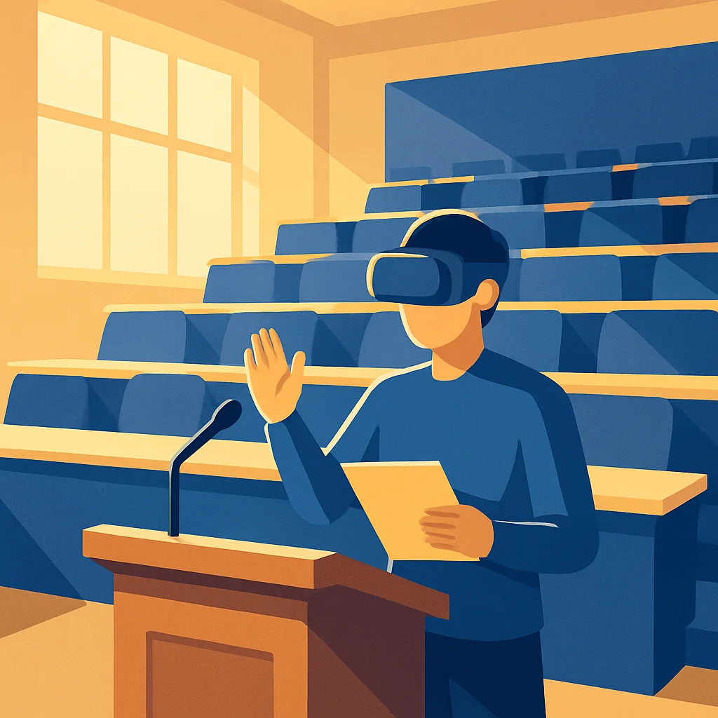 Mahasiswa berlatih presentasi dengan VR di ruang kelas