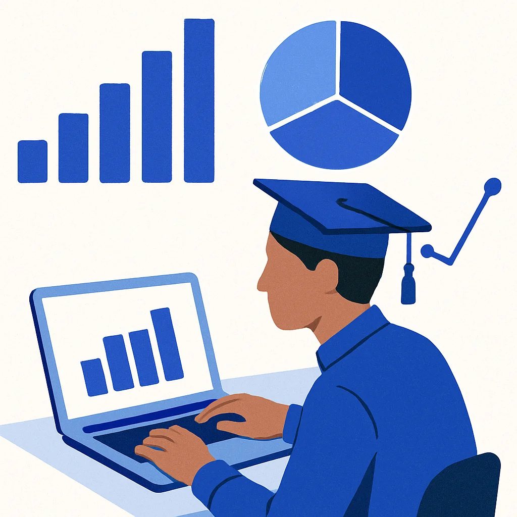 Mahasiswa menggunakan laptop untuk analisis data