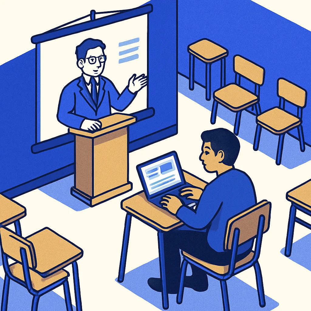 Mahasiswa berlatih presentasi dengan laptop