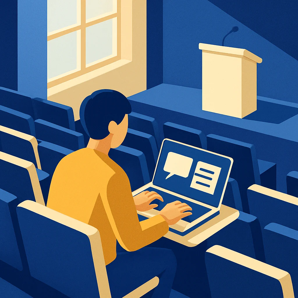 Mahasiswa menggunakan laptop untuk latihan presentasi