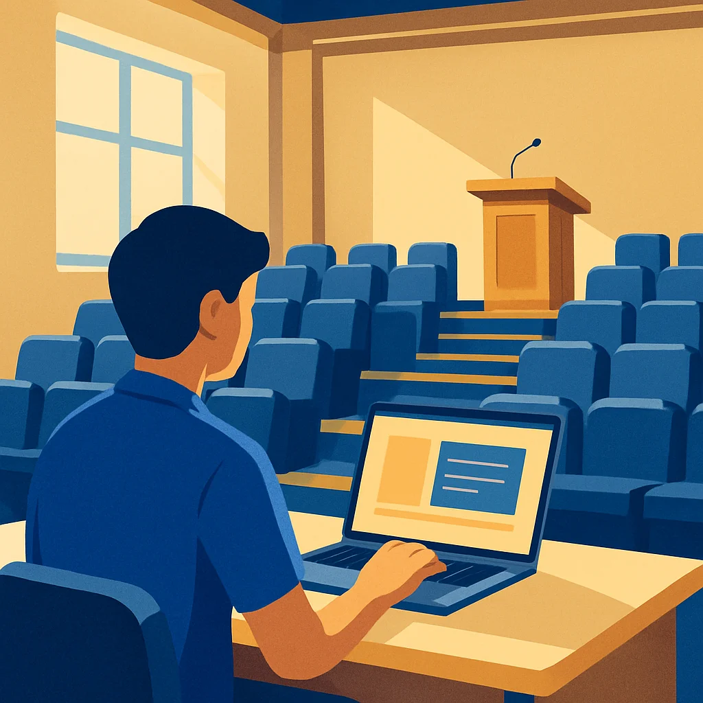 Mahasiswa mempersiapkan presentasi di depan laptop
