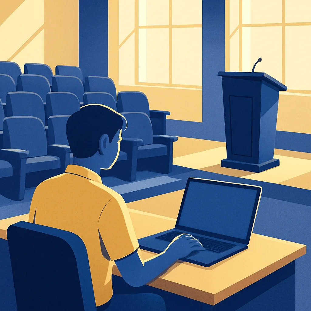 Mahasiswa mempersiapkan presentasi di depan laptop
